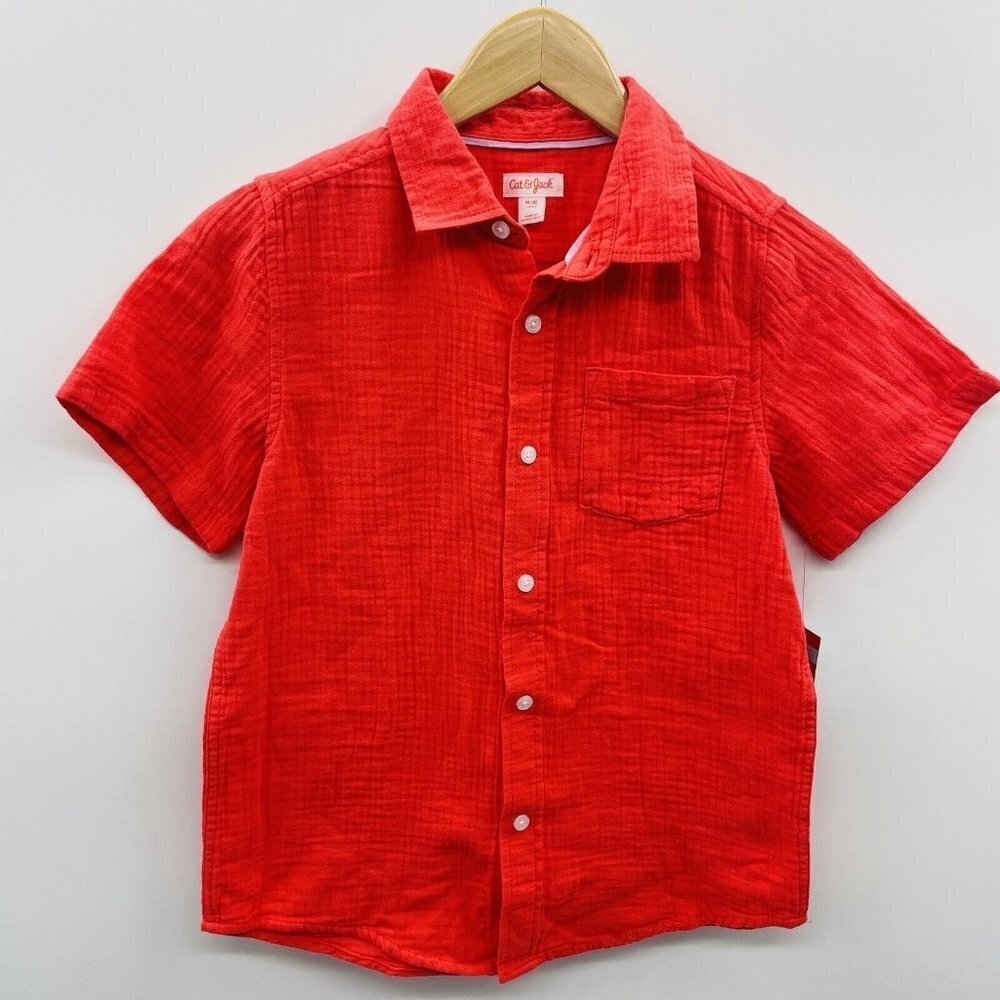 Cat & Jack‎ Youth Boys Size Medium 8 Short Sleeve Gauze Woven Shirt in Red 2232